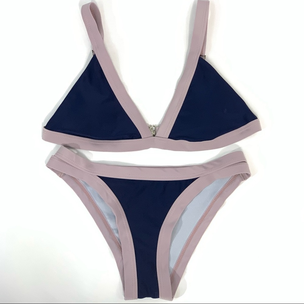 Navy & Nude Contrast Triangle Bikini Swimsuit M